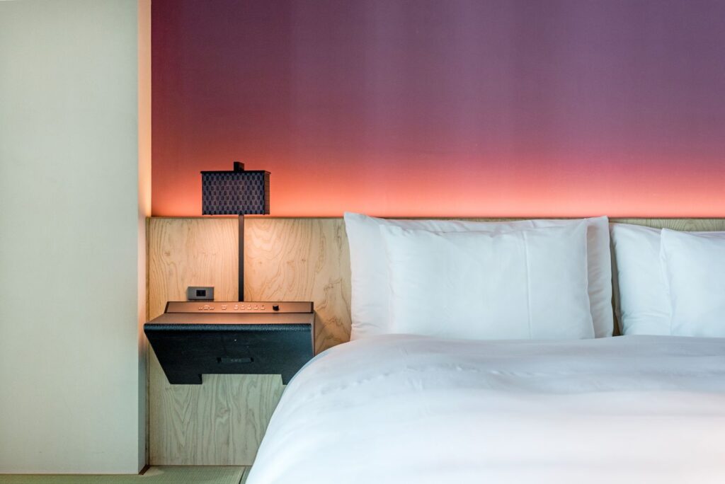 Bed and pillows in a hotel room